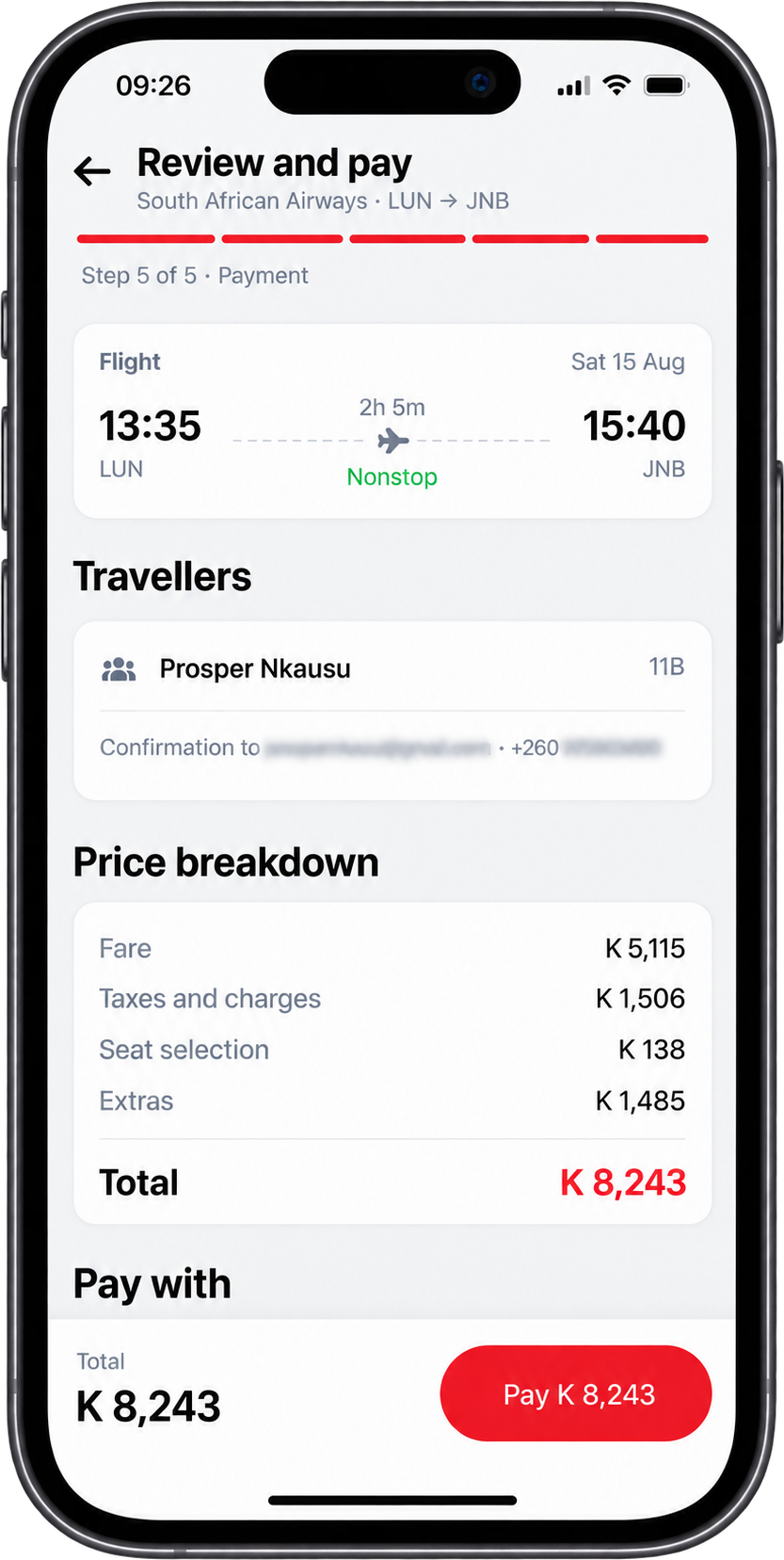 The AirConnect review and pay screen, showing the flight, the traveller, and a price breakdown of fare, taxes, seat selection and extras totalling K 8,243.