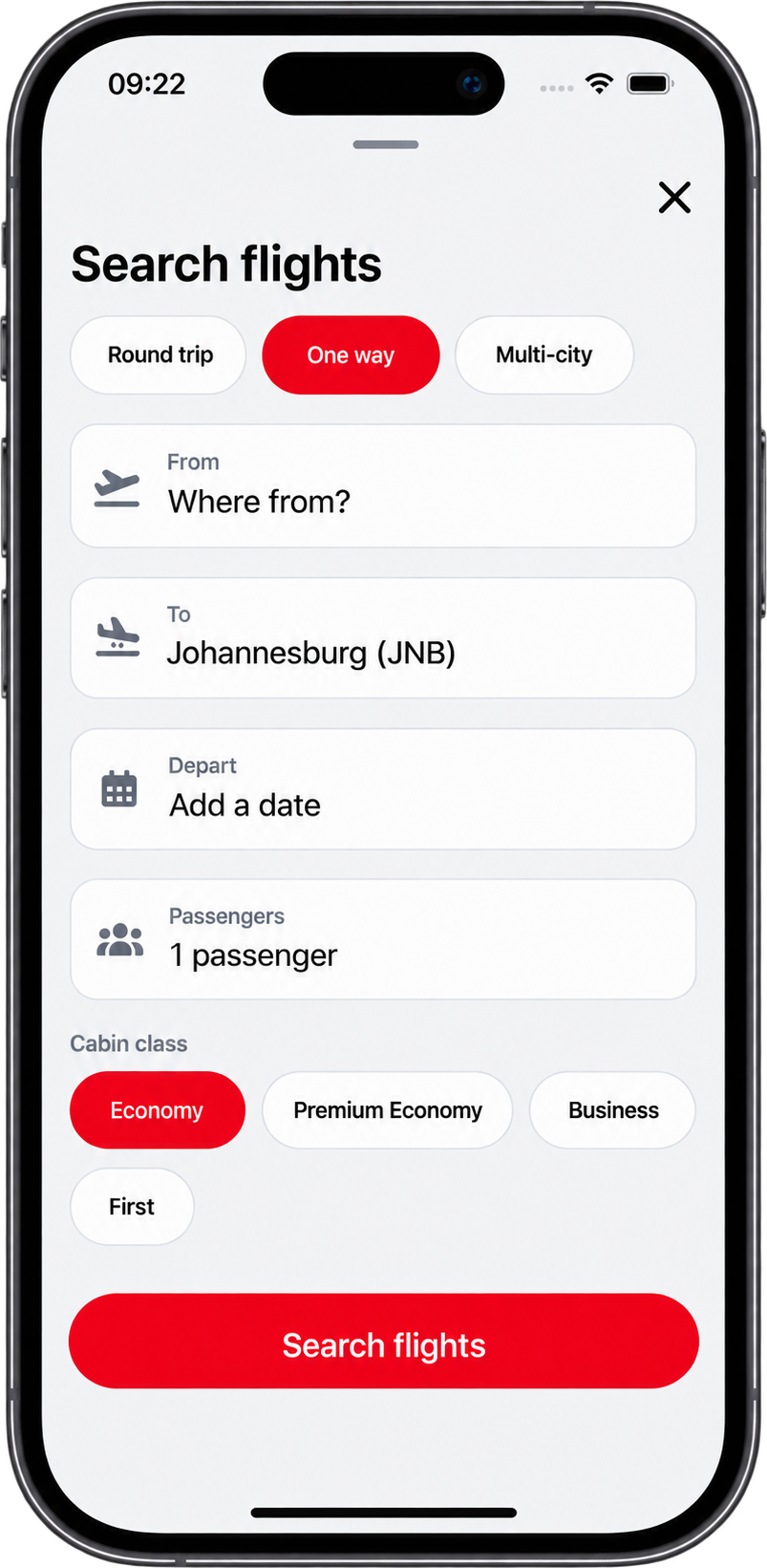 The AirConnect flight search screen: a one-way trip to Johannesburg with fields for origin, destination, date and passengers, and cabin class options.