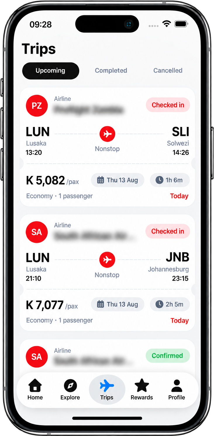 The AirConnect trips screen, listing upcoming flights from Lusaka with their times, prices and check-in status.