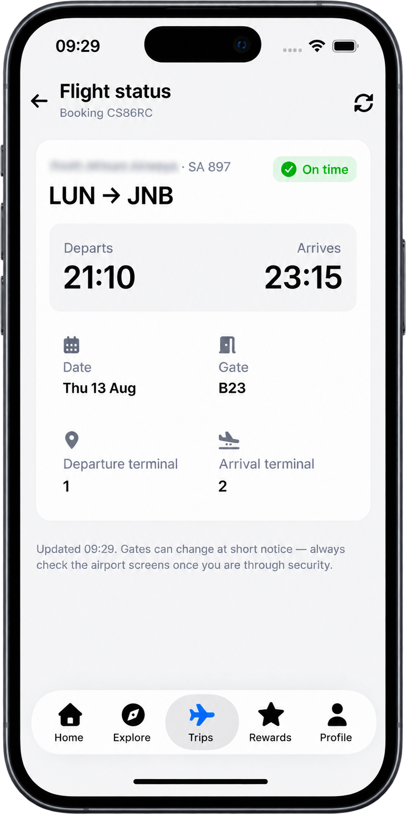 The AirConnect flight status screen for Lusaka to Johannesburg, showing an on-time flight with its departure and arrival times, gate B23 and terminal numbers.